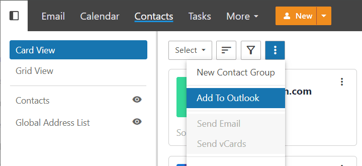 The three-dot menu of the WebMail contacts with Add To Outlook