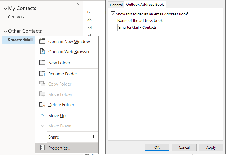 The Properties dialog of the contact list with the Outlook Address Book tab