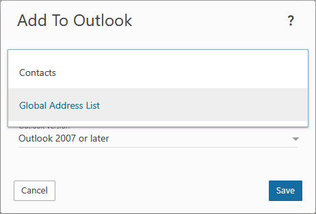 The Add To Outlook dialog with the Global Address List option