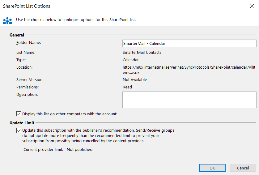 The SharePoint List Options dialog opened with Advanced