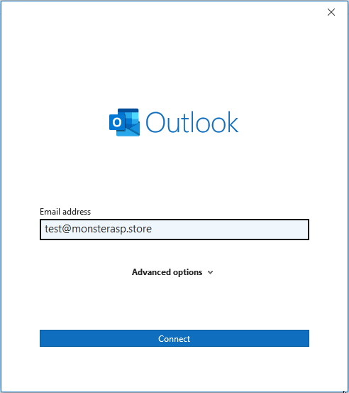 The Outlook Add Account dialog asking for the e-mail address