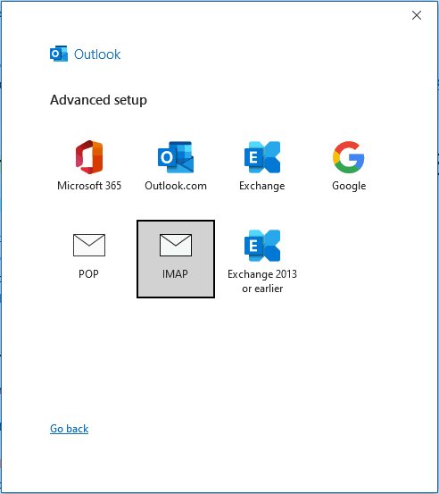 The Advanced setup screen in Outlook with IMAP selected