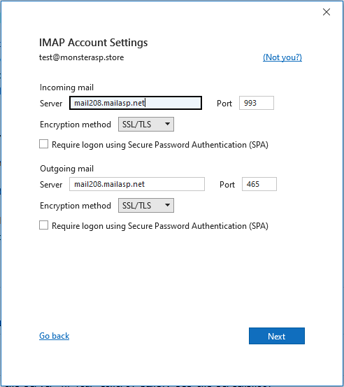 IMAP Account Settings in Outlook with the incoming and outgoing server filled in