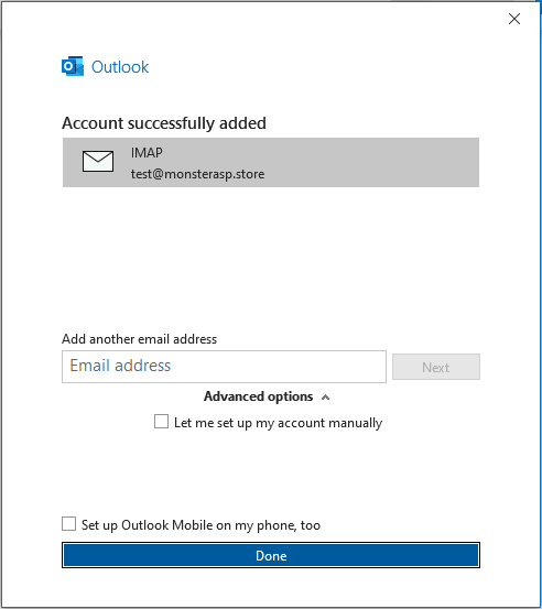 Outlook confirming that the account was successfully added