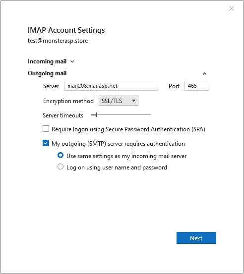 Outgoing mail settings in Outlook with SMTP authentication enabled