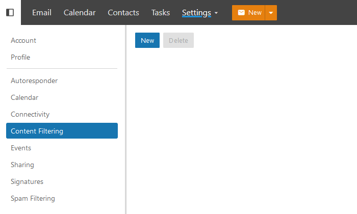 The Content Filtering page with the New button