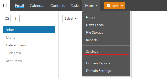 The More menu of WebMail with the Settings item