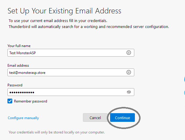 The Set Up Your Existing Email Address form in Thunderbird