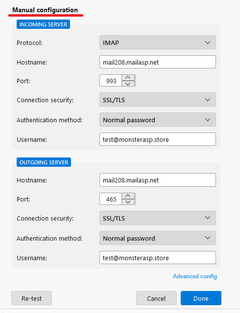 The Manual configuration section with the incoming and outgoing server