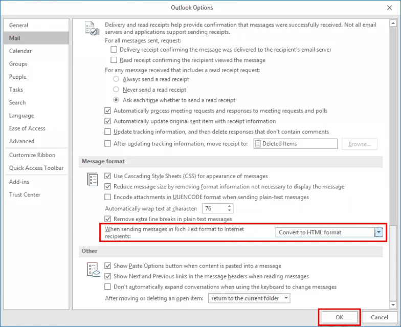 The Message format section with Convert to HTML format selected