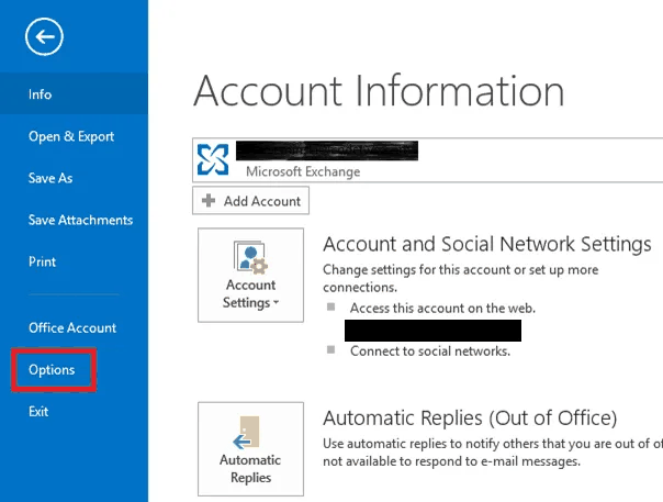 The File menu of Outlook with Options highlighted