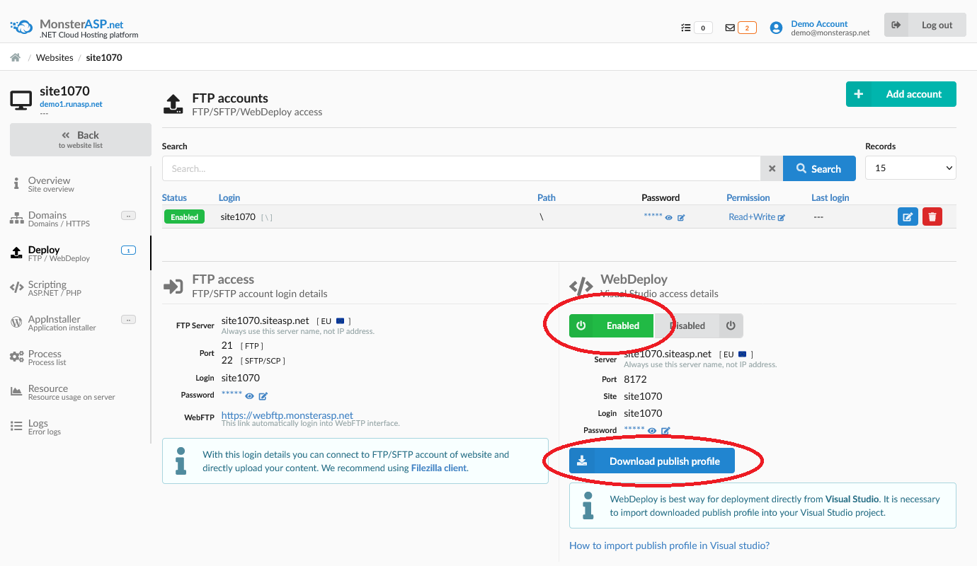 Control panel - activate webdeploy