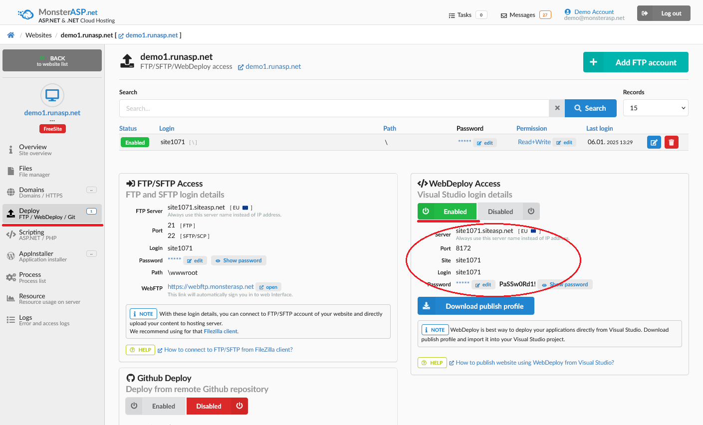 Control panel - activate WebDeploy